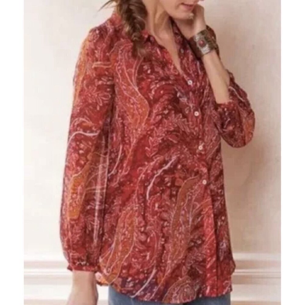 Soft Surroundings Womens 2X‎ Red Paisley Cheyla Tunic Button Top Blouse Sheer